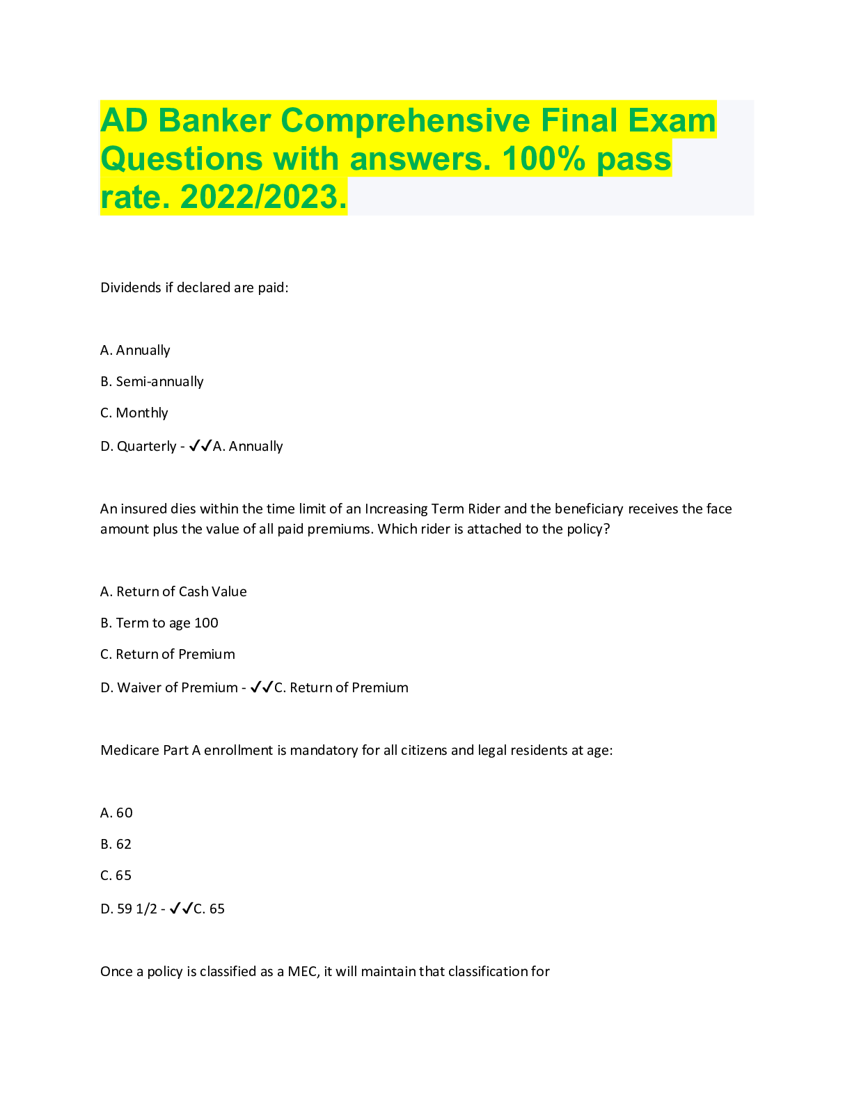 AD Banker Comprehensive Final Exam Questions with answers. 100% pass rate. 2022/2023.